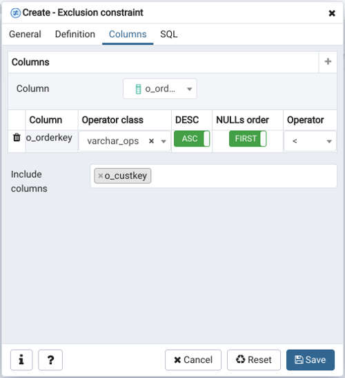 Table dialog exclusion constraint columns